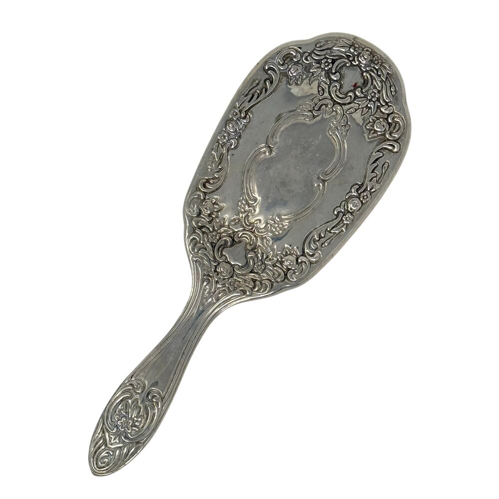 Vintage 40s Silver Tone Hair Brush Floral Embossed Vanity Brush 8”